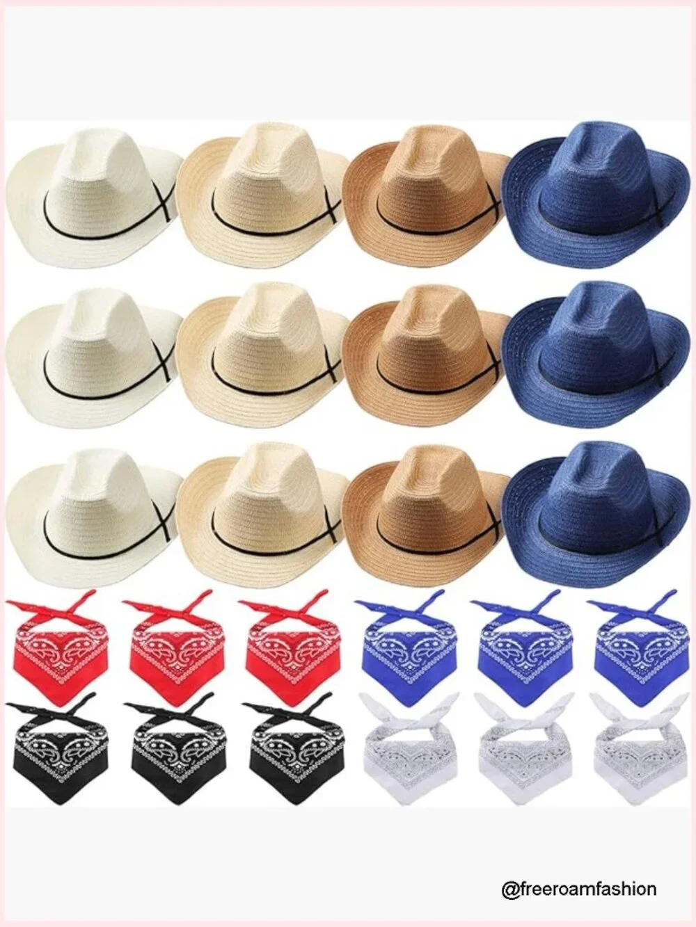12 Straw Cowboy Hats & Bandanas Set - Western Party Costume Hats with Scarves